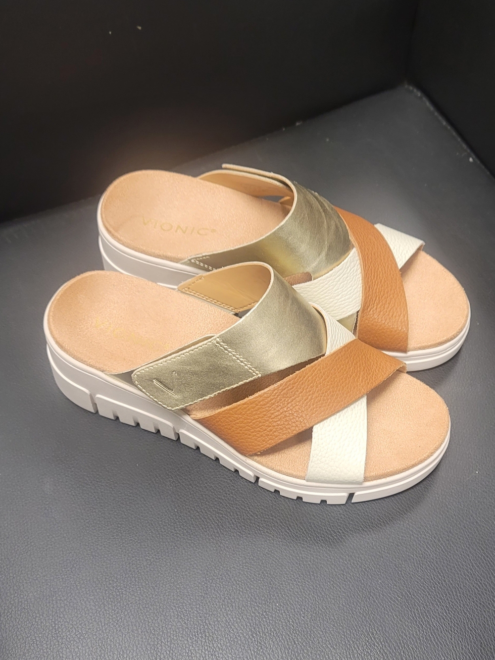 Vionic Women’s Metallic Gold & Tan Crossover Slide Sandals